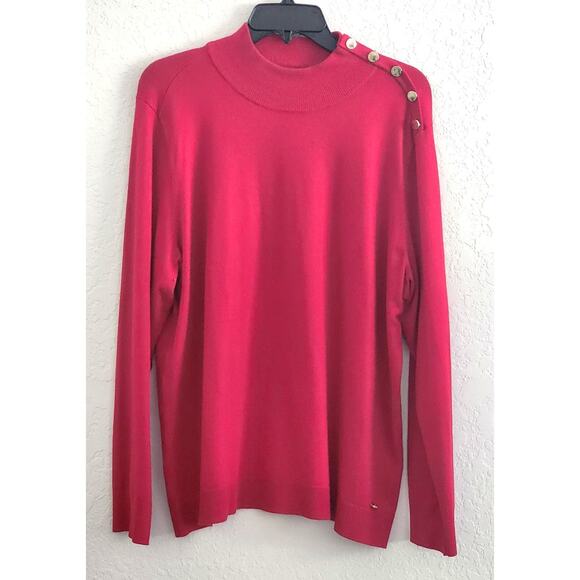 SWEATER/KNIT-CALVIN KLEIN-Red-Mock Turtleneck-Accent Buttons-Long Sleeves-X-LRG - Picture 1 of 14